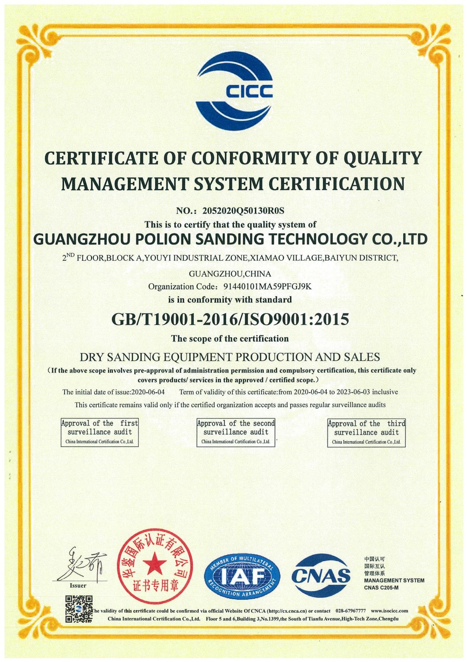 China Polion Sanding Technology Co., LTD Zertifizierungen